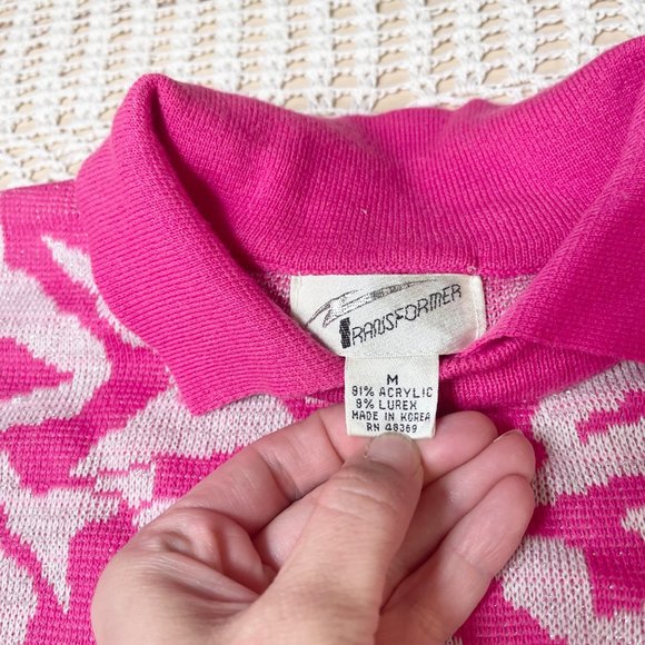 Vintage 1980s Transformer Women's  Medium Pink Glittery Knit Collared Sweater - Picture 3 of 4